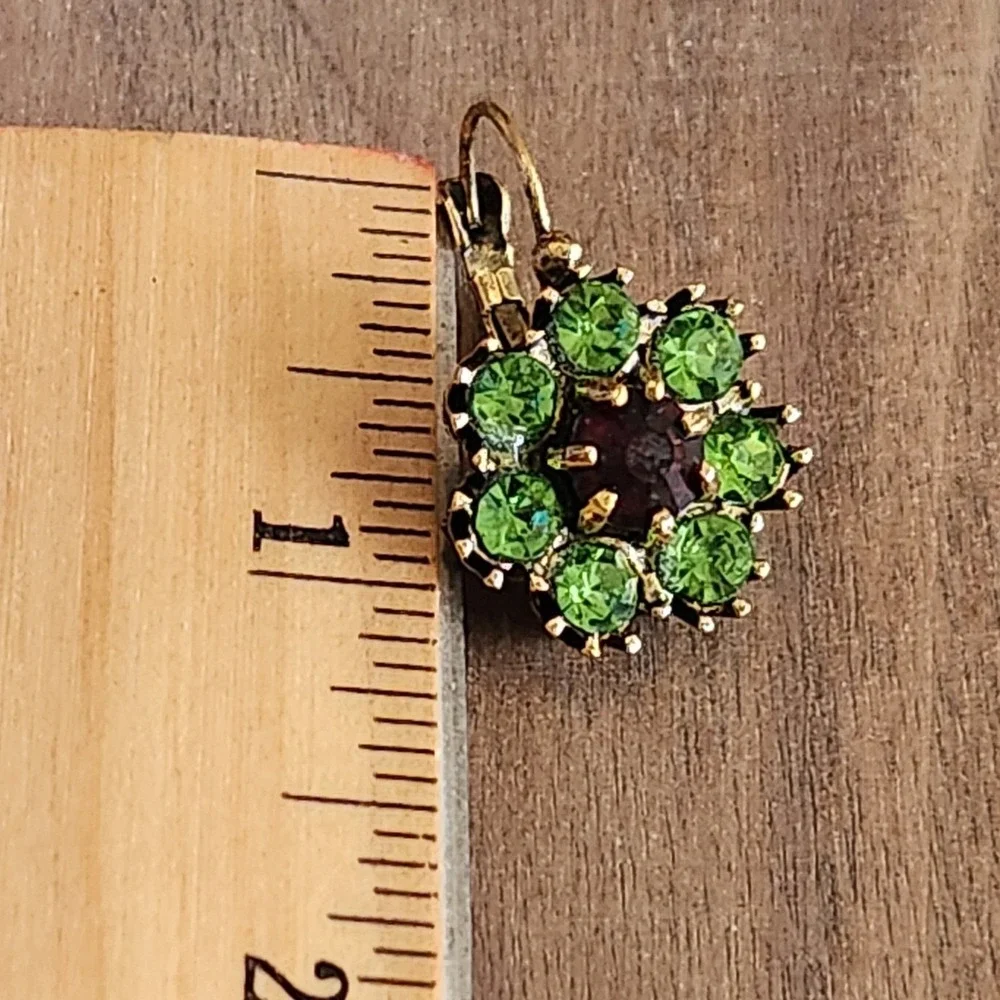 Vintage Style Green Red Rhinestone Flower Lever back Drop Earrings Gold Tone